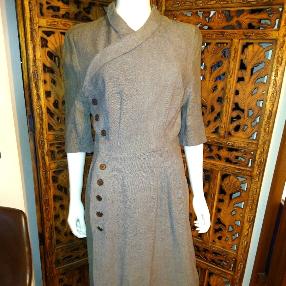 Gorgeous Gray Vintage Asymmetrical fitted Wool Dress by Surrey